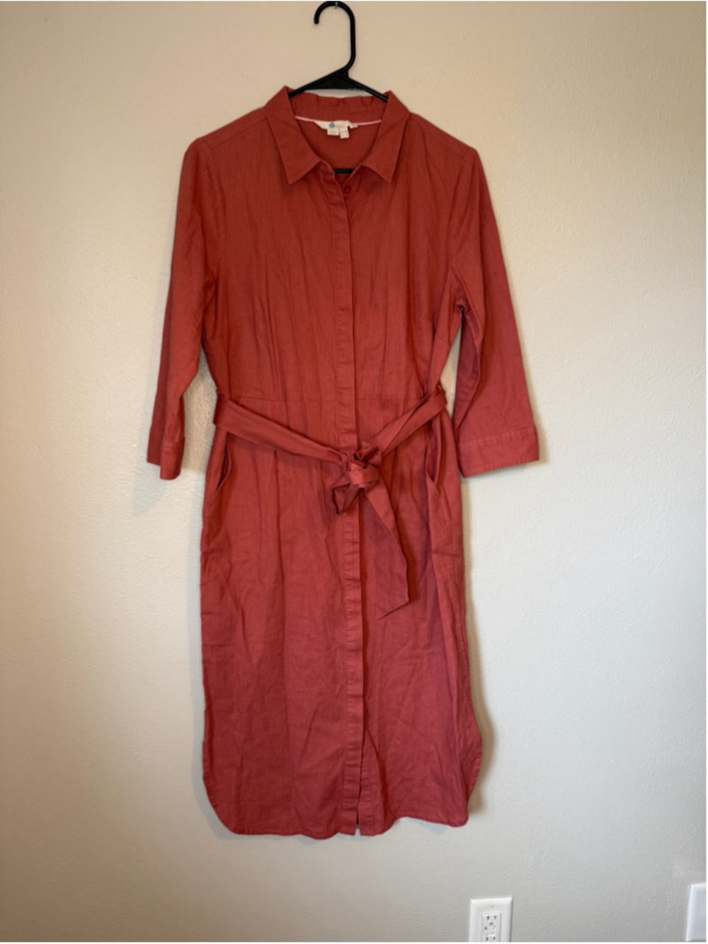 Boden Terracotta Linen Cotton Belted Midi Shirt Dress 6R